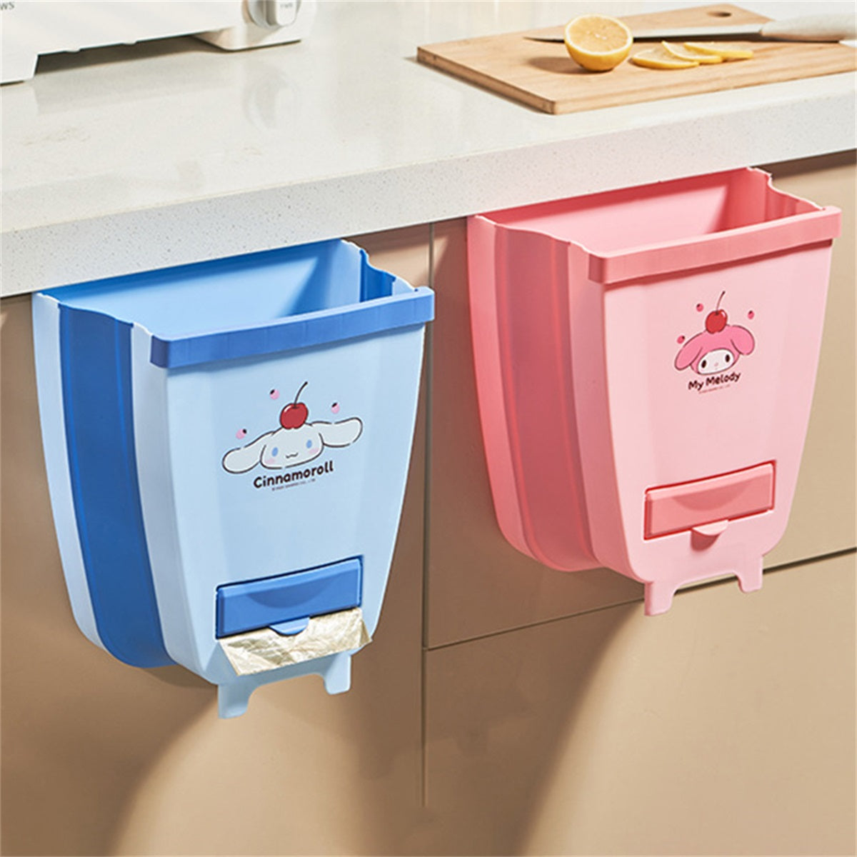 Sanrio Kuromi Wall-Mounted Foldable Hanging Trash Can - Cute Purple & White Design, Durable Plastic Compact Waste Bin for Kitchen Cabinet, RV, Car, Camping, Small Trash Can, Rv Waste Disposal, Easy Clean Material