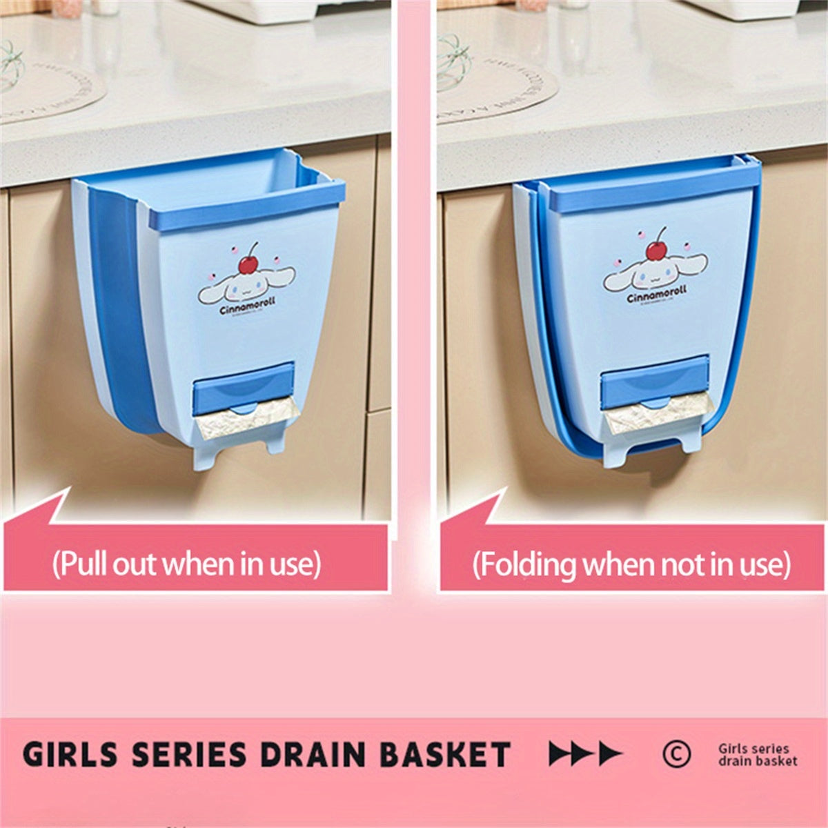 Sanrio Kuromi Wall-Mounted Foldable Hanging Trash Can - Cute Purple & White Design, Durable Plastic Compact Waste Bin for Kitchen Cabinet, RV, Car, Camping, Small Trash Can, Rv Waste Disposal, Easy Clean Material