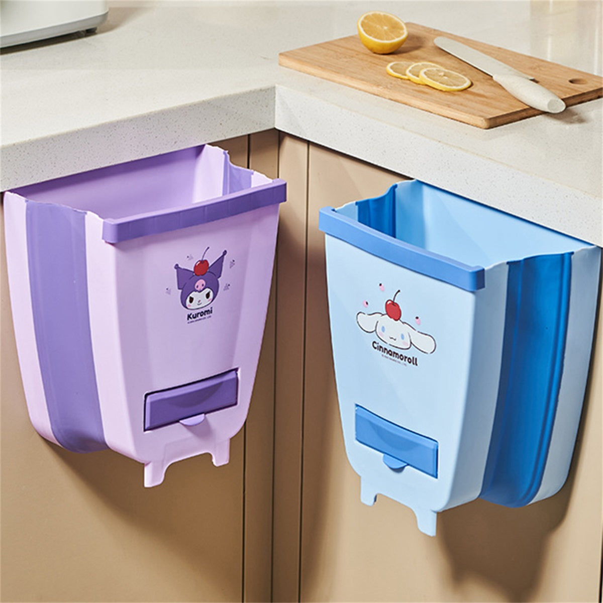 Sanrio Kuromi Wall-Mounted Foldable Hanging Trash Can - Cute Purple & White Design, Durable Plastic Compact Waste Bin for Kitchen Cabinet, RV, Car, Camping, Small Trash Can, Rv Waste Disposal, Easy Clean Material