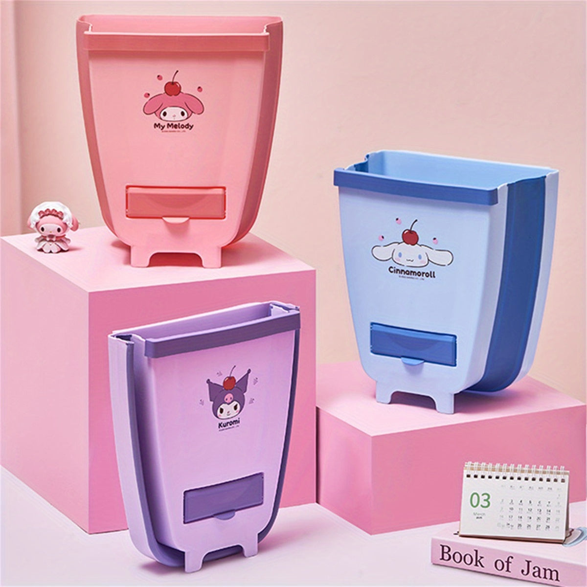Sanrio Kuromi Wall-Mounted Foldable Hanging Trash Can - Cute Purple & White Design, Durable Plastic Compact Waste Bin for Kitchen Cabinet, RV, Car, Camping, Small Trash Can, Rv Waste Disposal, Easy Clean Material