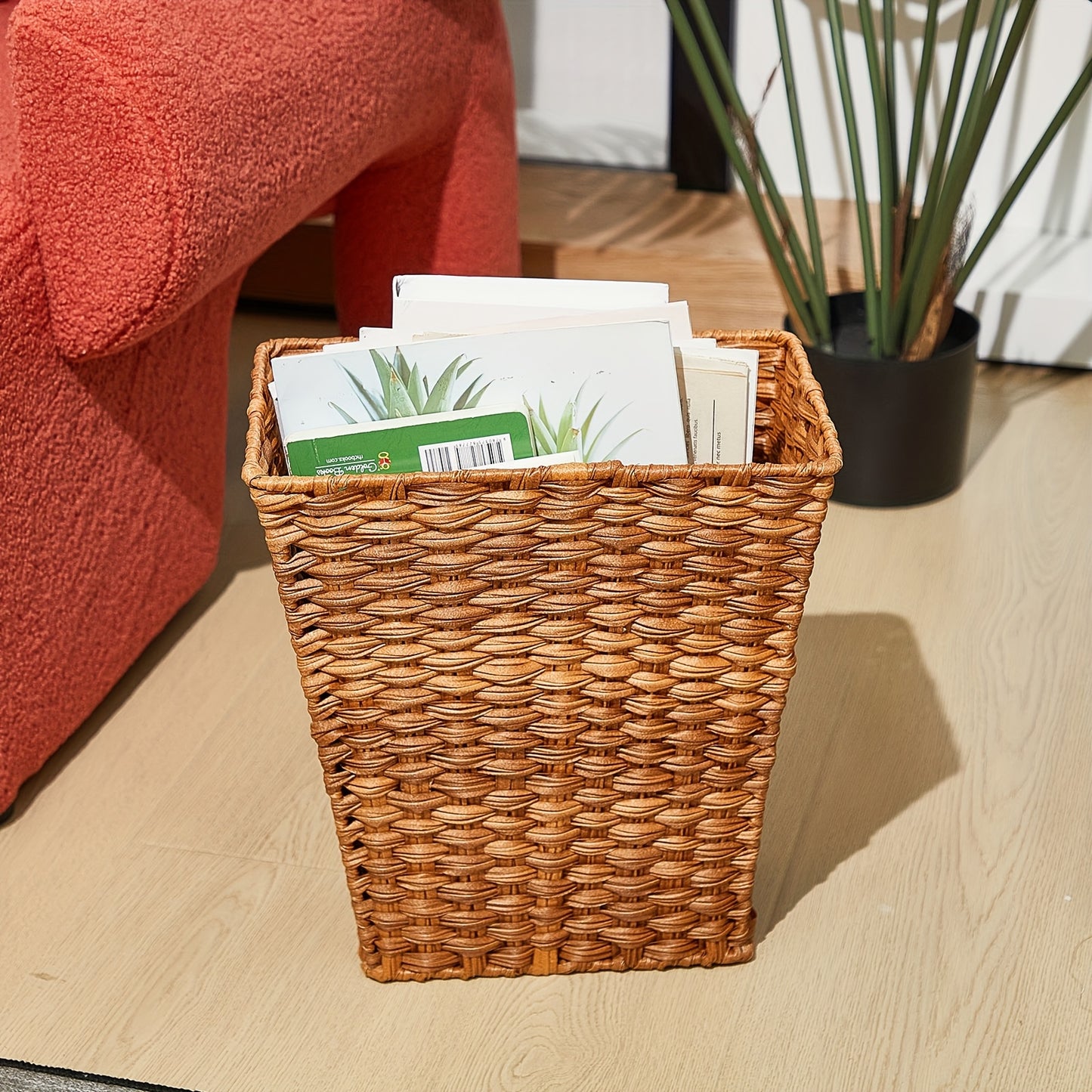 2pcs Small Woven Basket Trash Can Bathroom Waste Baskets Decorative Rectangular Trash Bin Plastic Woven Garbage Can for Home Laundry Kitchen Bedroom Office Craft (Brown)