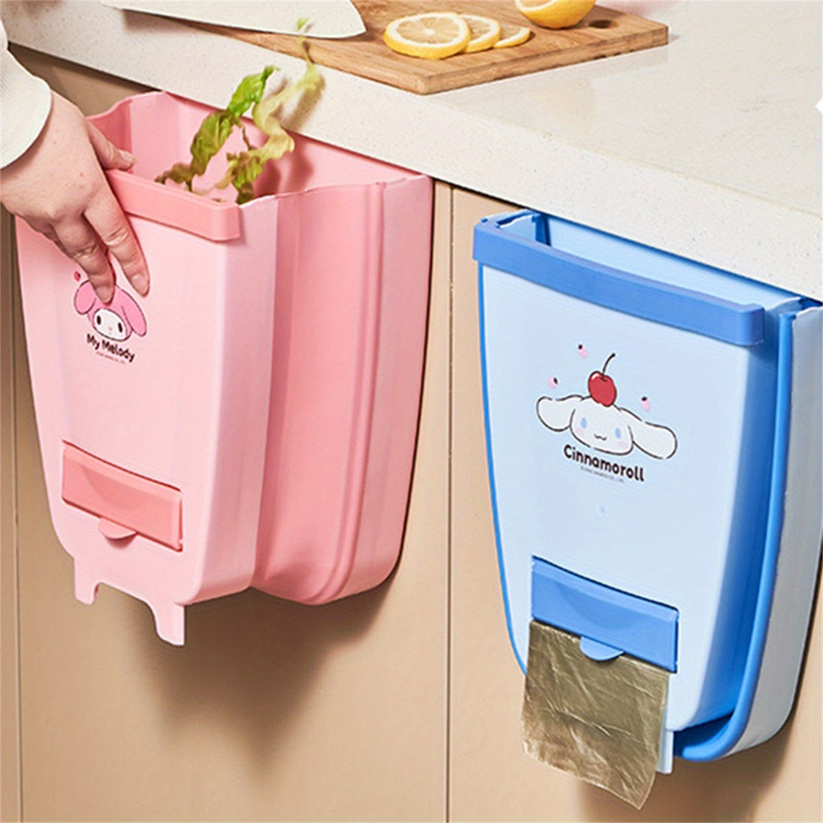 Sanrio Kuromi Wall-Mounted Foldable Hanging Trash Can - Cute Purple & White Design, Durable Plastic Compact Waste Bin for Kitchen Cabinet, RV, Car, Camping, Small Trash Can, Rv Waste Disposal, Easy Clean Material