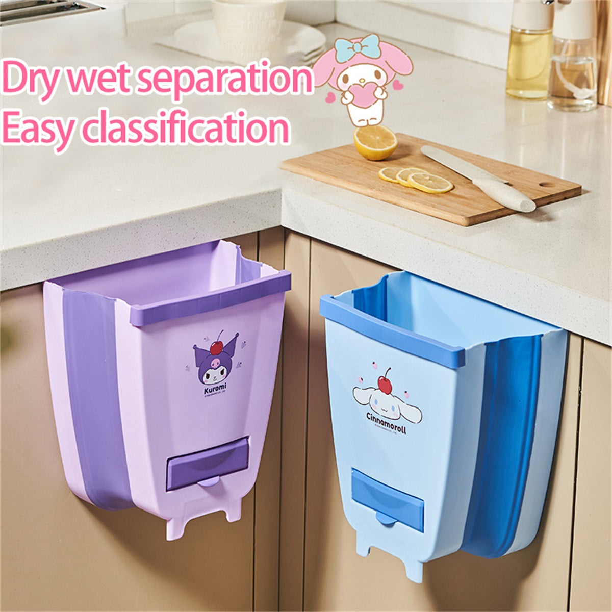 Sanrio Kuromi Wall-Mounted Foldable Hanging Trash Can - Cute Purple & White Design, Durable Plastic Compact Waste Bin for Kitchen Cabinet, RV, Car, Camping, Small Trash Can, Rv Waste Disposal, Easy Clean Material