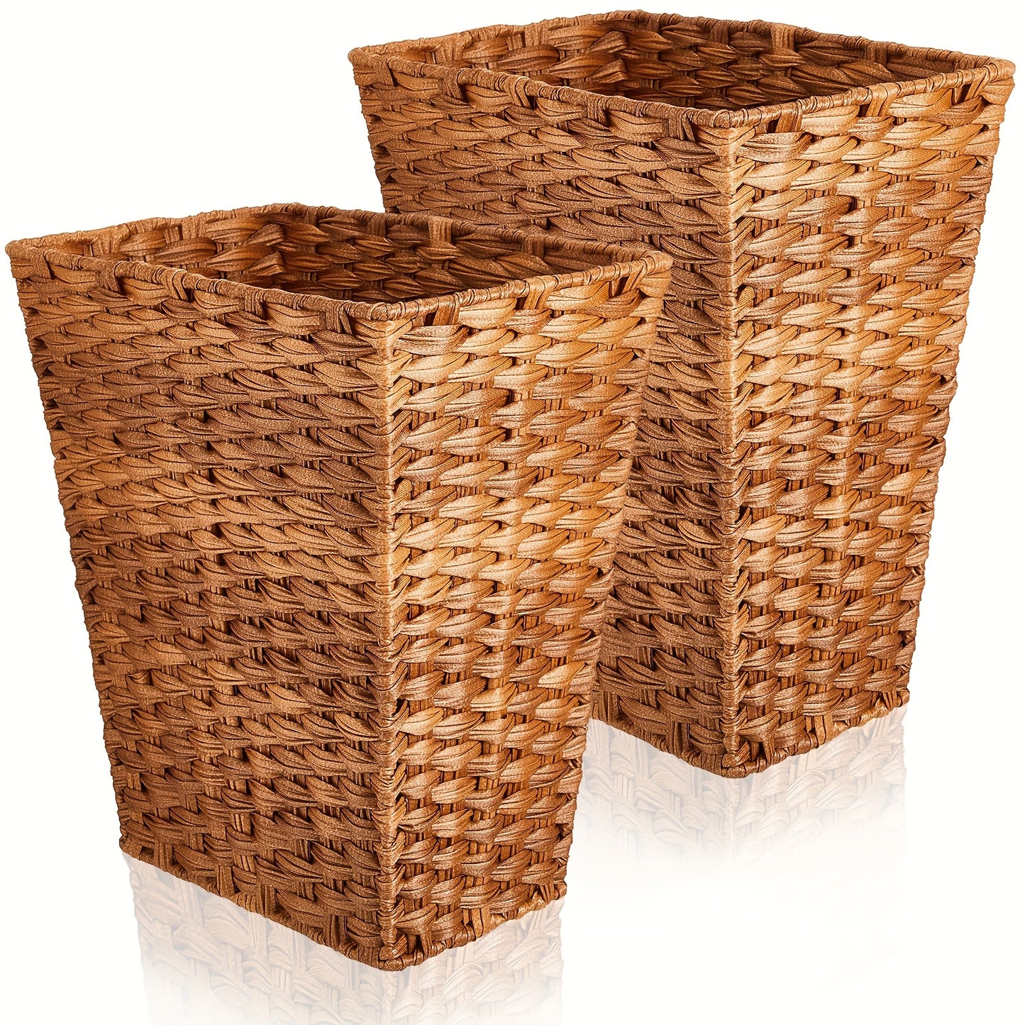 2pcs Small Woven Basket Trash Can Bathroom Waste Baskets Decorative Rectangular Trash Bin Plastic Woven Garbage Can for Home Laundry Kitchen Bedroom Office Craft (Brown)