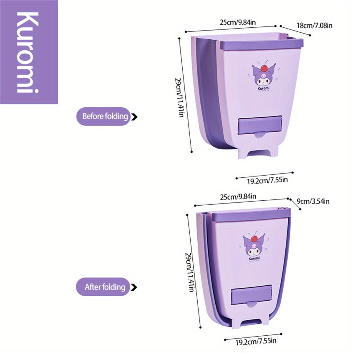 Sanrio Kuromi Wall-Mounted Foldable Hanging Trash Can - Cute Purple & White Design, Durable Plastic Compact Waste Bin for Kitchen Cabinet, RV, Car, Camping, Small Trash Can, Rv Waste Disposal, Easy Clean Material