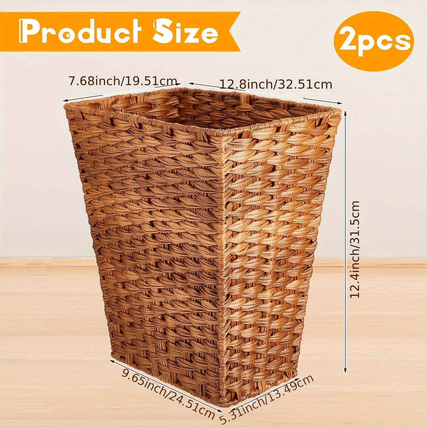 2pcs Small Woven Basket Trash Can Bathroom Waste Baskets Decorative Rectangular Trash Bin Plastic Woven Garbage Can for Home Laundry Kitchen Bedroom Office Craft (Brown)