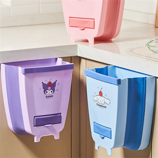 Sanrio Kuromi Wall-Mounted Foldable Hanging Trash Can - Cute Purple & White Design, Durable Plastic Compact Waste Bin for Kitchen Cabinet, RV, Car, Camping, Small Trash Can, Rv Waste Disposal, Easy Clean Material