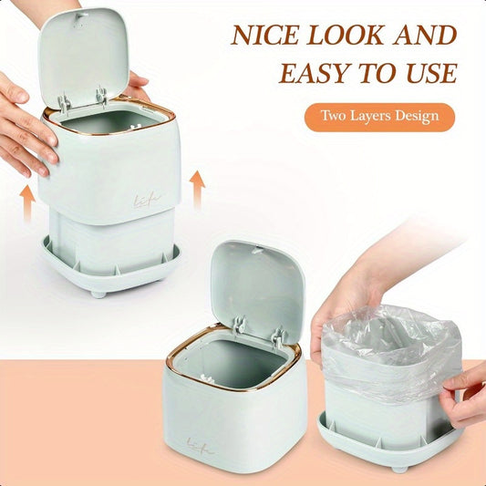 Mini Countertop Trash Can with 10 Rolls of Bags Desk Trash with Press Type Lid Desktop Applicable for Bathroom Vanity Home Office Light Blue